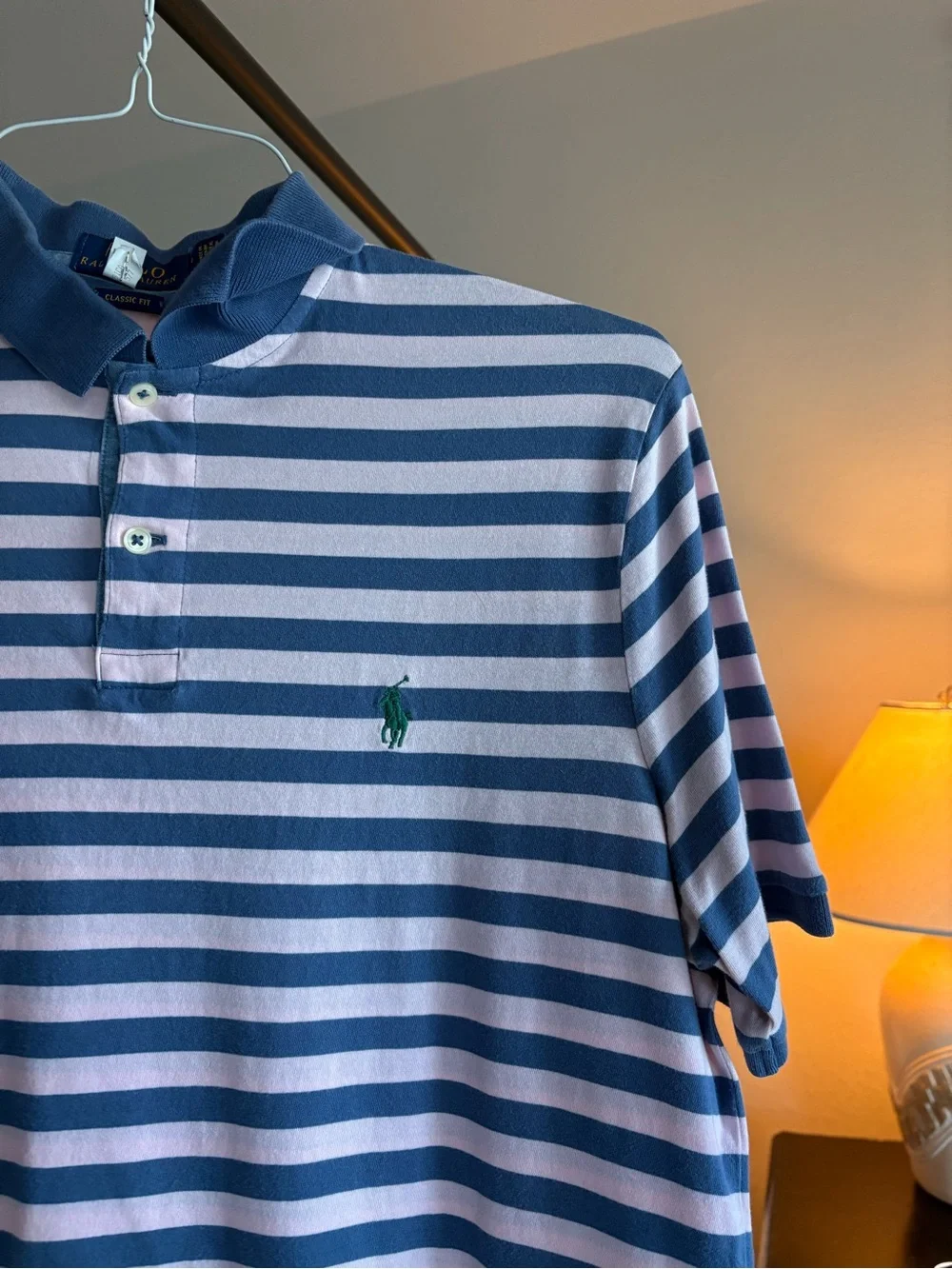 Polo by Ralph Lauren Men’s Blue and Pink Striped Polo Shirt